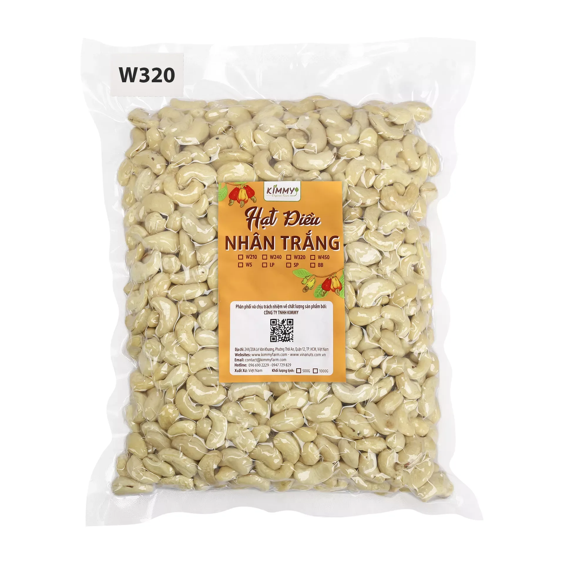 W320 Cashew nuts 1st Quality Packed 1KG in Vaccum Bag - Kimmy Farm Vietnam